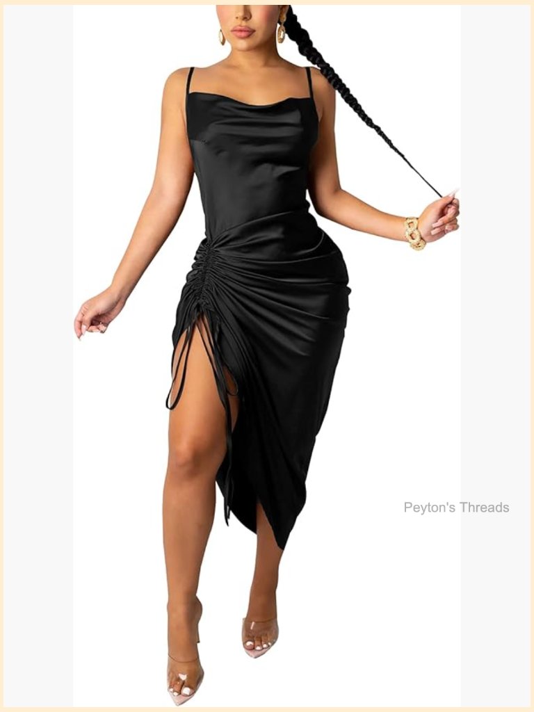 Satin Spaghetti Strap Dress Backless Ruched Bodycon Midi Split